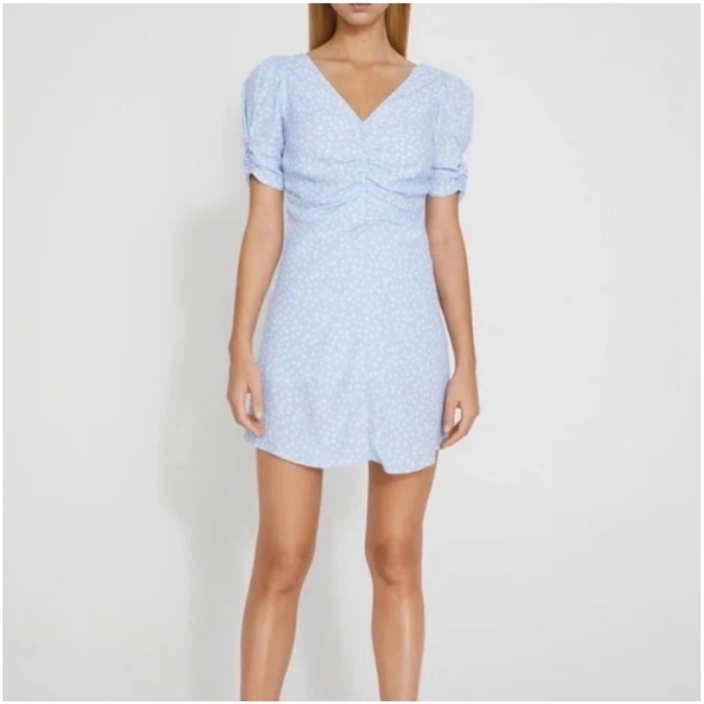 Zara Light Blue Polka Dot Ruched‎ V-Neck Puff Sleeve Mini Dress Large Coquette